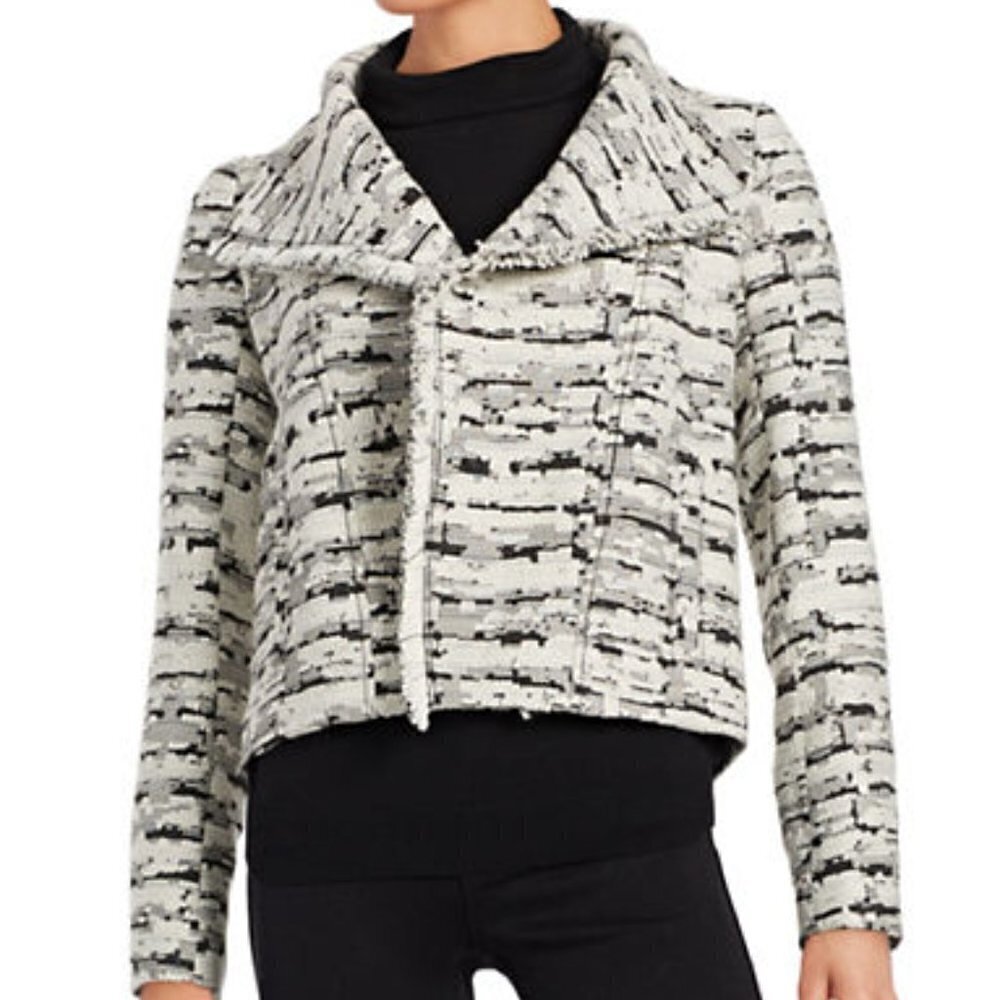 Vince Black Cream Fringe Trim Jacquard Wool Blend Jacket sz 0